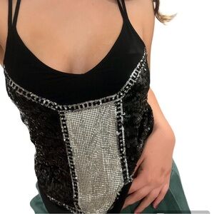 NWT Express Black/Silver Sequined Tank Camisole Top Women’s Large